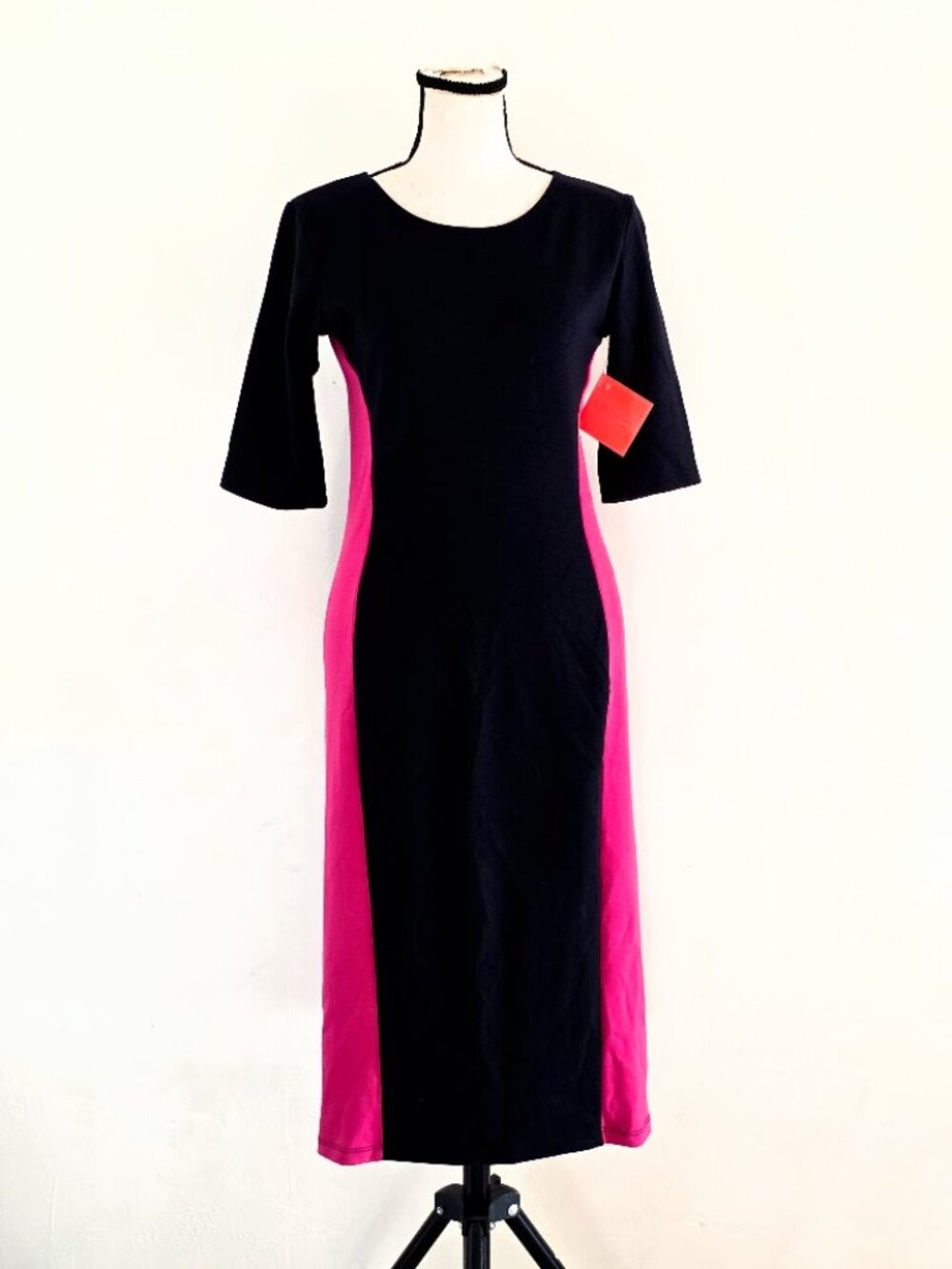 NWT Junie Blake Modest Colorblock Illusion Midi Dress Black Fuchsia Pink M